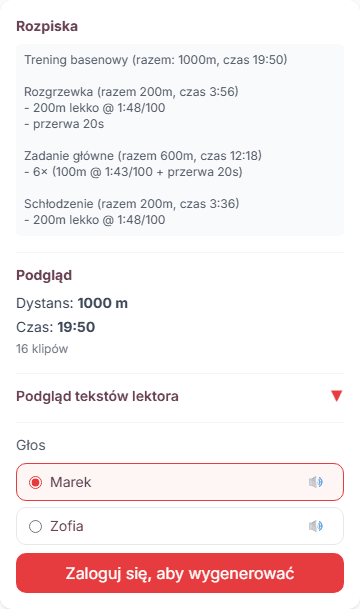 Panel podglądu: rozpiska, dystans 1000m, czas 19:50, przycisk generowania